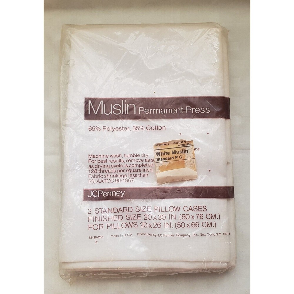 NOS Vtg JC Penney Muslin Standard Pillow Cases Pair Pillowcases Permanent Press